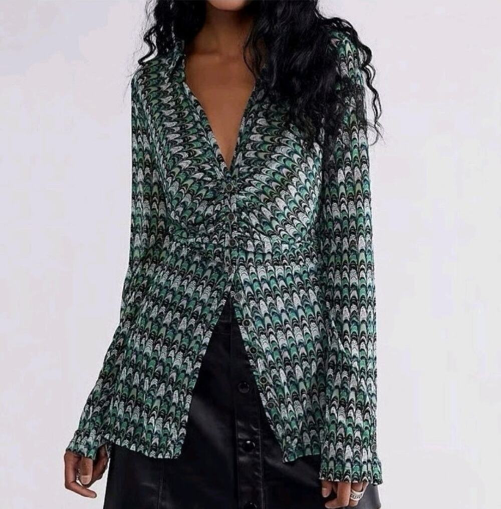 Free People Lucky Shirtee Mesh Blouse Small Green Psychedelic